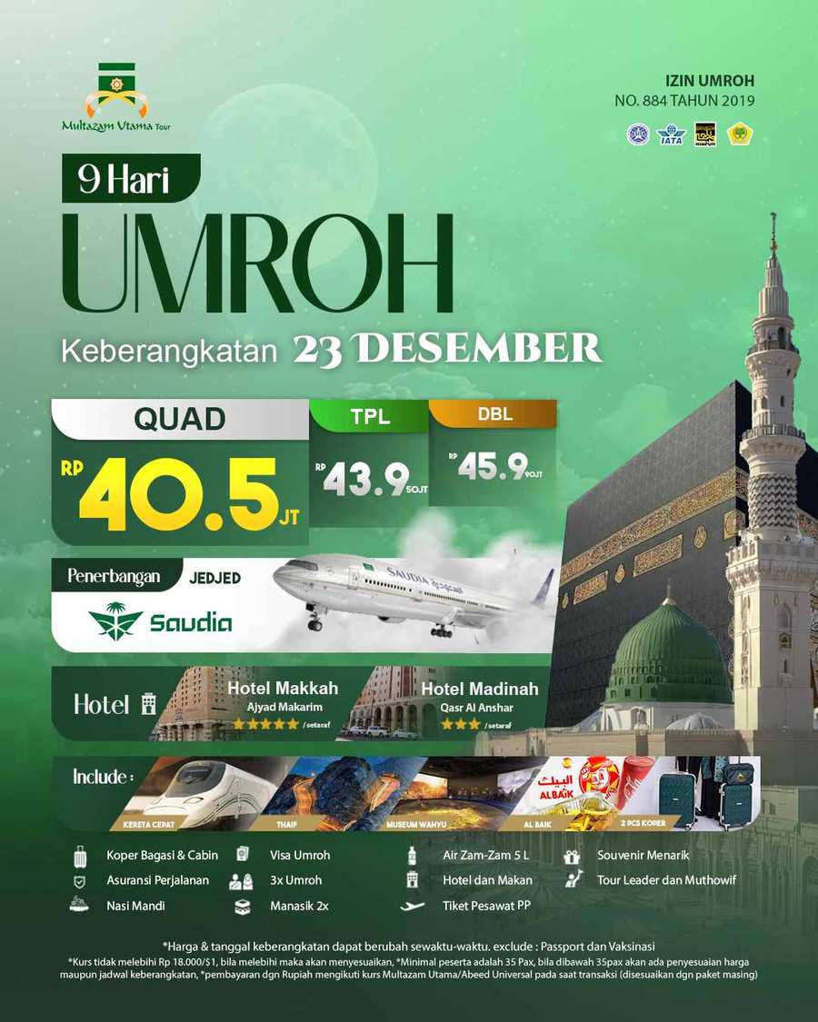 Banner resmi Umroh Kautsar 9 Hari — 23 Des 2026 hotel Ajyad Makareem