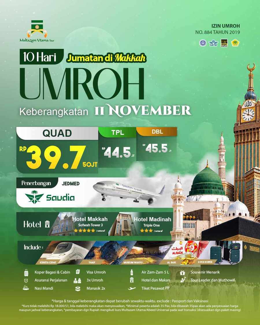 Banner resmi Umroh Kautsar 10 Hari — 11 Nov 2026 hotel Sofwah Tower 3 (Quad 39,75 / Triple 44,5 / Double 45,5 jt)